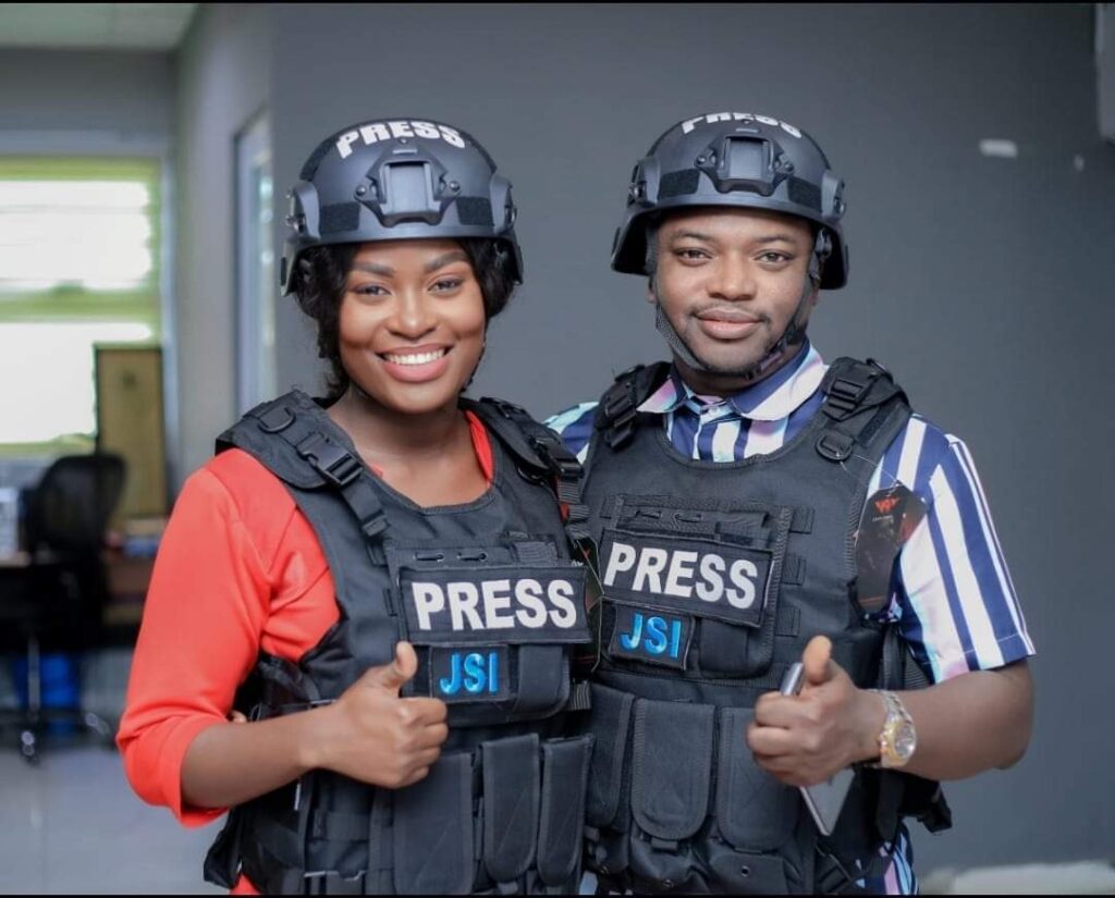 On-air presenters at Media General happily posing for the cameras in protective gears donated to TV3 by Journalists Sanctuary International